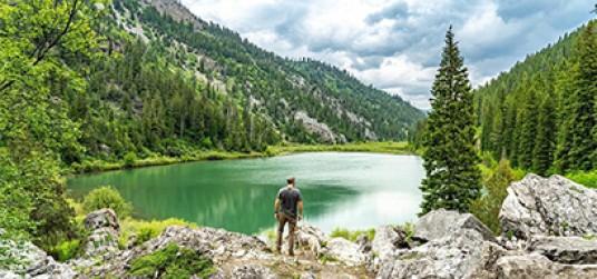 A man standing on a rock overlooking a lake surrounded by pine trees.